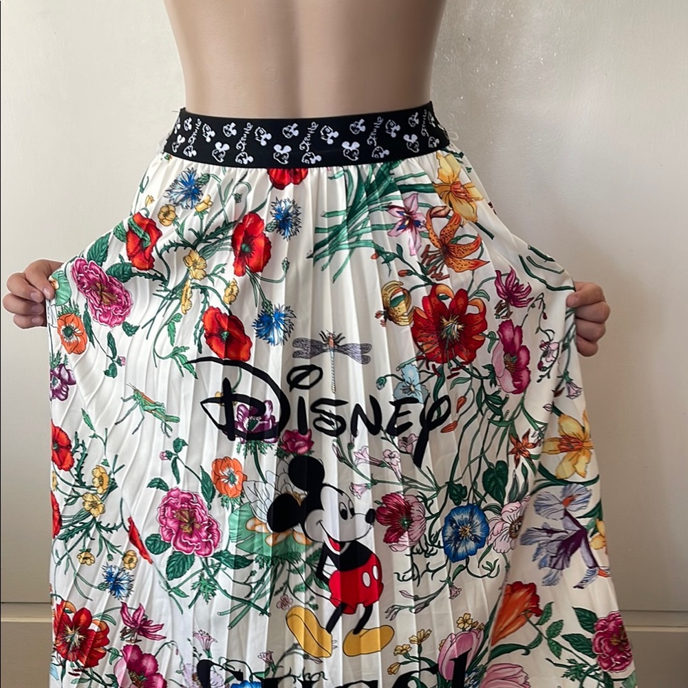 Disney Floral Pleated Midi Skirt in White with Multicolor Print
